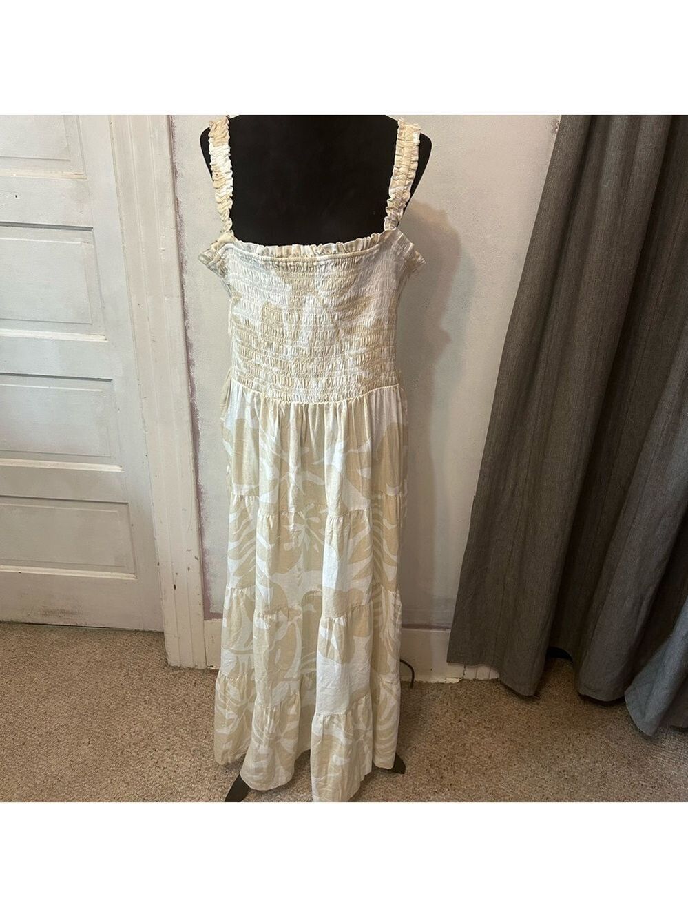 GAP Women Maxi Summer Dress Tiered Smocked Floral Linen Viscose XXL Lined Beachy